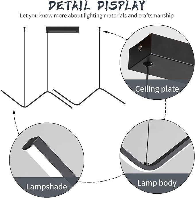 LED Modern Linear Pendant Lights, Dimmable LED Hanging Chandelier Fit Dining Room Kitchen Island, 3000K-6000K with Remote Contro Bright Light Fixture (Black, 47.2IN)