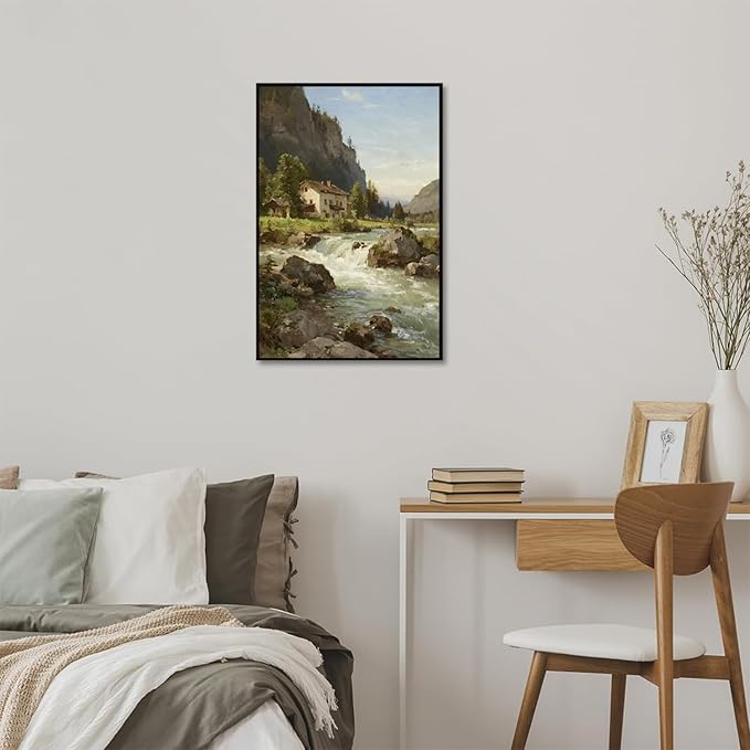 Vintage landscape rural scenery poster art farmhouse cottage wall decor living room kitchen quiet country stream suitable for bedroom bathroom