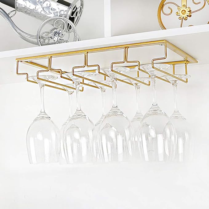 Wine Glass Rack Under Cabinet - Stemware Holder Metal Wine Glass Organizer Glasses Storage Hanger for Bar Kitchen Gold 4 Rows