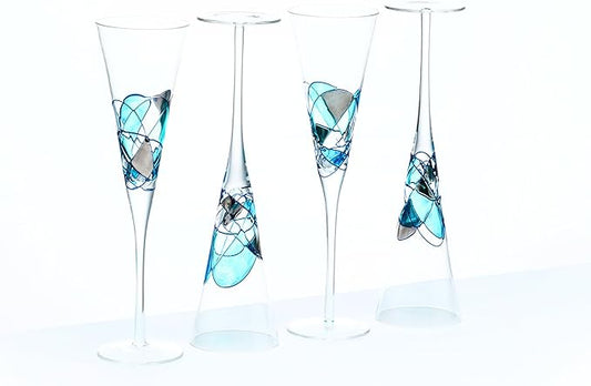 Victoria Barcelona Champagne Flute Set of 4 – 7.5 oz Mouth-Blown Turquoise Sea Glass | Hand-Painted Gaudí & Murano Inspired | Artistic Unique Gift Ideas for Her or Him