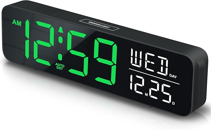 Peakeep Large Display Digital Alarm Clock for Bedrooms, Date Day of Week Desk Table Clocks for Living Room Office, Dimmable Plug in Electric Clock, 5 Volumes, Loud, Auto DST