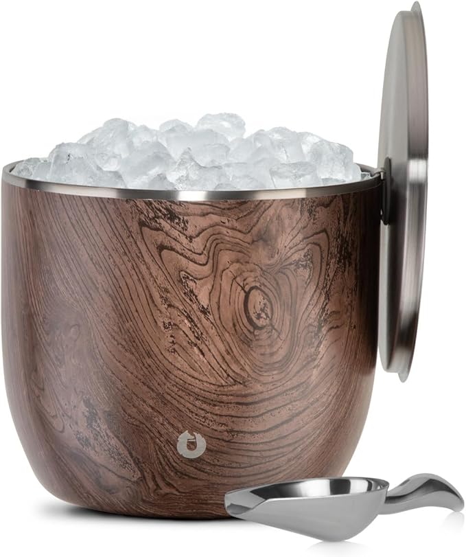 SNOWFOX XL Premium Vacuum Insulated Double Wall Stainless Steel Ice Bucket with Lid/Scoop, Bar Accessories, Large Elegant Party Bucket, Chill Several Bottles, Beautiful Entertaining, 7L, Dark Walnut