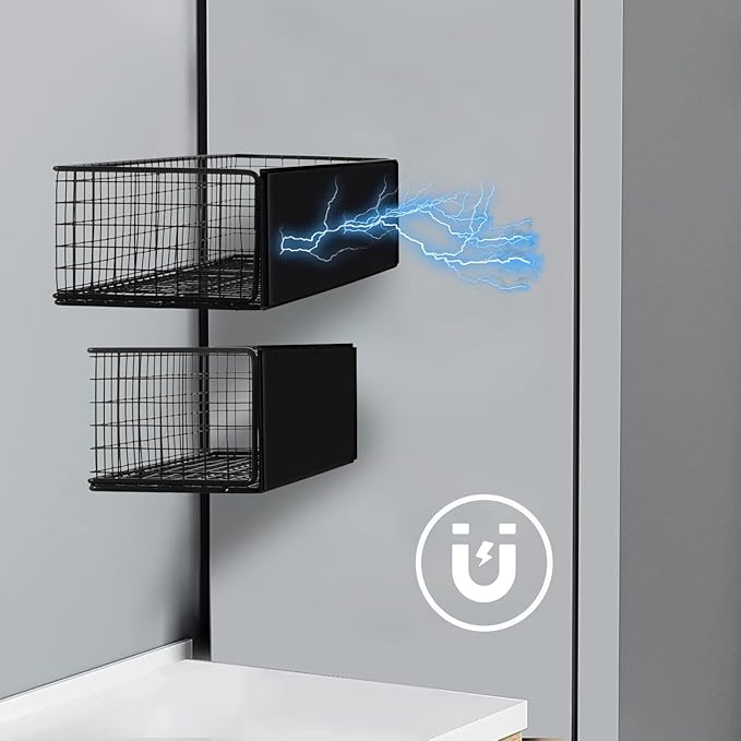 Magnetic Basket, Magnetic Shelf for Fridge,Magnetic Spice Rack Wire Mesh Magnetic Organizer Holder Accessories for Office Kitchen Classroom Storage, Black-High, Large x1&Small x1 Set of 2