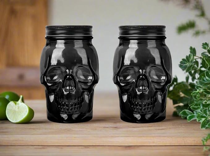 Set of 2 Skull Mason Jar Glasses with Lids | 16oz Reusable Halloween Drinking Glasses | Unique Skull Décor, Storage, & Canning Jars for Parties & Gifts