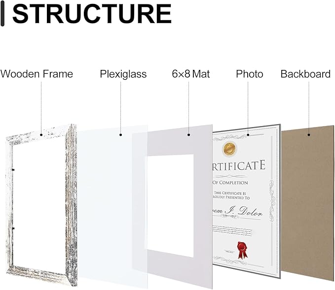 Vittanly 8.5x11 Picture Frames Set of 9, Shatter Resistant Plexiglass, Display 6x8 Pictures with Mat or 8.5x11 without Mat, Photo Frames for Wall or Tabletop, Engineered Wood, Distressed White