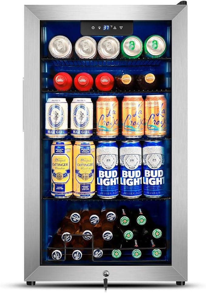 Tylza 130 Can Beverage Refrigerator Cooler, 3.22 Cu.Ft Beverage Cooler with Low-E Glass Door, Safety Lock, Beverage Fridge for Soda, Beer, Wine, Mini Fridge for Home, Office, Bar, Bedroom, Silver