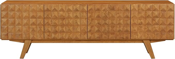 NTC Sapa Mid-Century Modern Solid Wood TV Stand 4-Door Media Console with Carved Geometric Fronts for TVs up to 75", Effortless Assembly, Teak Look