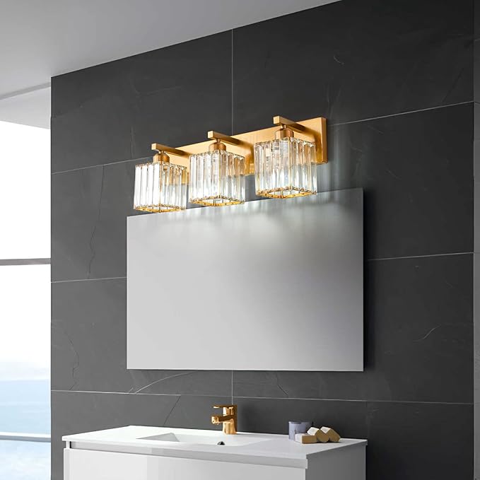 Modern Bathroom Vanity Light 3-Lights Gold Crystal Bathroom Wall Light Vanity Light Fixtures，20.47-inch Modern Minimalist Design