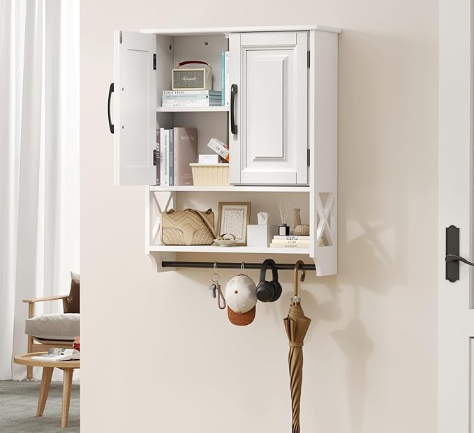 Bathroom Cabinet Wall Mounted, White Bathroom Wall Cabinets with Towel Bar and 2 Doors, Wooden Medicine Cabinet with Adjustable Shelf, Open Storage