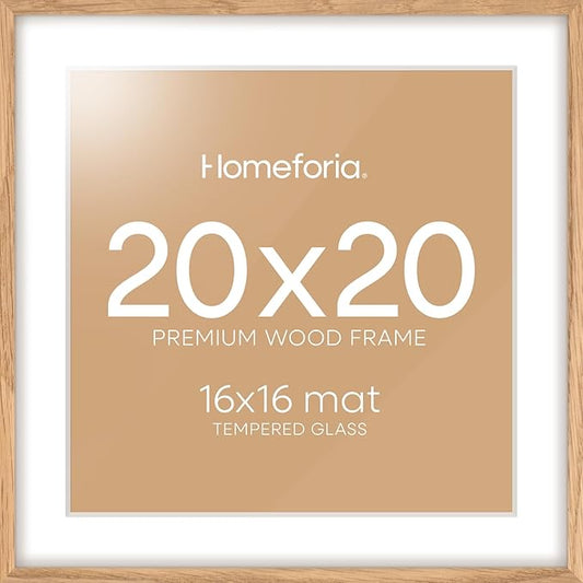 Homeforia 20x20 Wood Picture Frame, High End Natural Oak 20 x 20 Square Light Wooden Frames with Mat 16 by 16 inch Photo, 20by20 Poster Frames Matted to 16x16 Print, Tempered Glass, Wall Kit, Set of 1