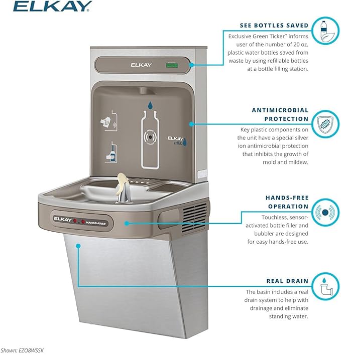 Elkay EZO8WS EZH2O Refrigerated Single Drinking Fountain with Bottle Filling Station and Hands Free Activation - Stainless Steel