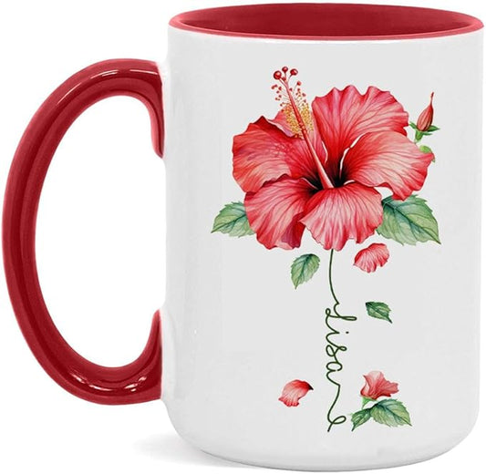 Personalized Hibiscus Blossom Design Mug, Custom Name Vibrant Flower Coffee Cup, Customized Mug For Floral Enthusiasts, Novelty Hibiscus Flower Ceramic Cup 11oz 15oz, Gift For Women