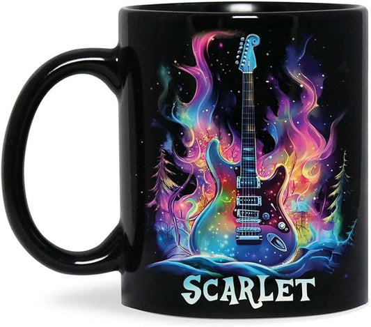 Personalized Electric Guitar Mug 11oz 15oz, Custom Choose Name Coffee Cup, Customized Rock Music Themed Black Mug, Gift For Musicians, Electric Guitar Ceramic Cup With Cosmic Design