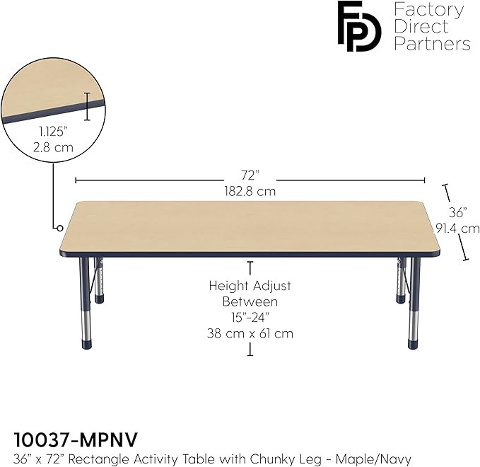Factory Direct Partners FDP Rectangle Activity School and Classroom Kids Table (36 x 72 inch), Toddler Legs, Adjustable Height 15-24 inches - Maple Top and Navy Edge