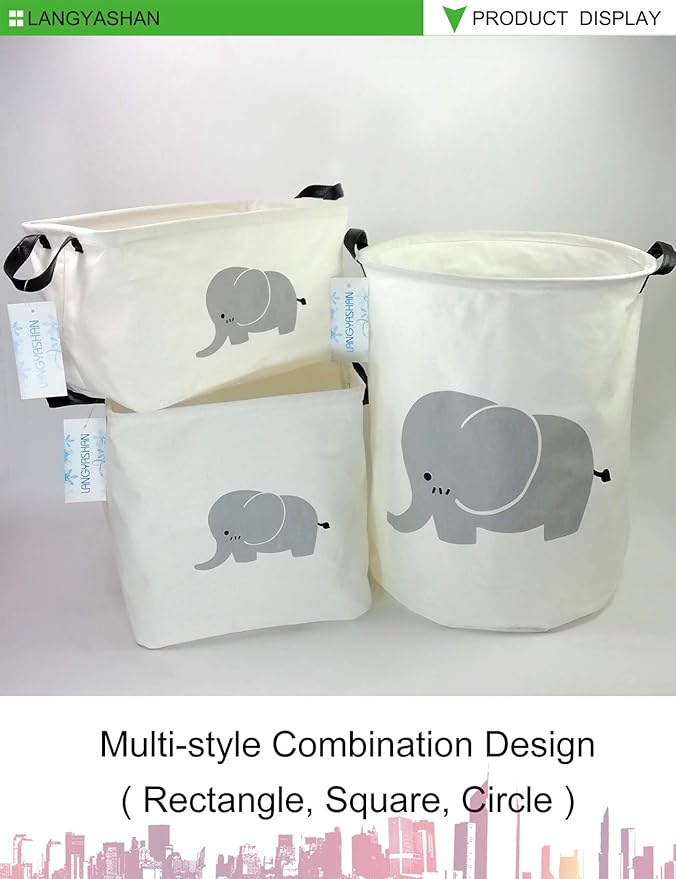 LANGYASHAN Rectangular Storage Bin Collapse Canvas Fabric Cartoon Storage Basket with Handles for Organizing Home Kitchen Boys and Girls Toys Office Closet Shelf Baskets (REC Elephant)