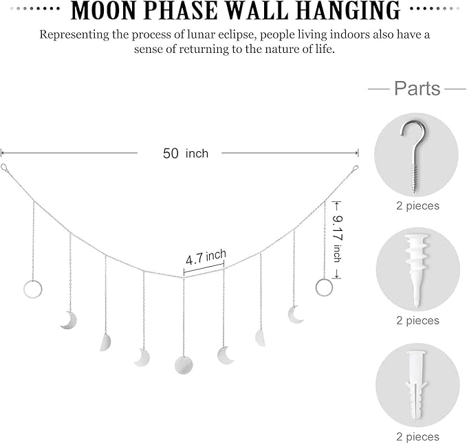 Mkono Moon Phase Wall Hanging Boho Aesthetic Room Decor Metal Moons Garland Hanging Art Bohemian Home Decoration for Girls Room Nursery Bedroom Livingroom Dorm, Ideal, Silver, 50"