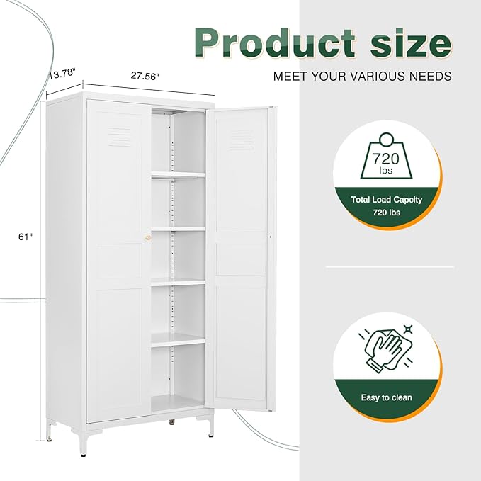 Letaya White Storage Cabinet with Feets-Metal Home Kitchen Pantry Cabinets with Doors and Adjustable Shelves,Organization Locker for Cupboard/Bedroom/Dining/Living/Bathroom/Office/Garage Room (White)