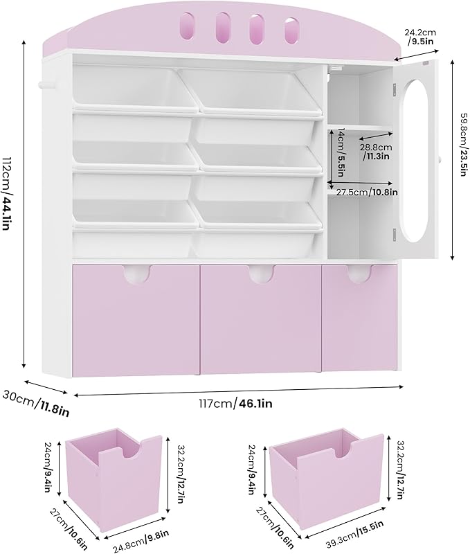 FOTOSOK Toy Organizers and Storage with Door, Playroom Organization, Bookshelf and Bookcase with 3 Drawers and 6 Mobile Bins, Toy Storage Organizer for Living Room