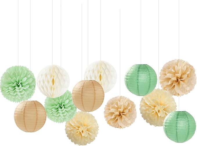 Sage Green-Boho Party-Decorations Paper-Flowers Lanterns - 15PCS Safari Rustic Neutral Baby Shower Tissue Pom Poms Streamers, Champagne Gold Birthday Wedding Graduation Hanging Supplies Decor Hugfond