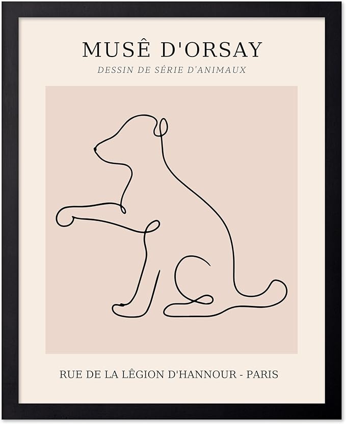 Poster Master Vintage Poster - Retro One Line Dog Drawing Print - Dog Art - Minimal Gift for Men, Women, Animal Lover - Abstract Wall Decor for Home, Office, Bedroom, 16x20 Black Framed