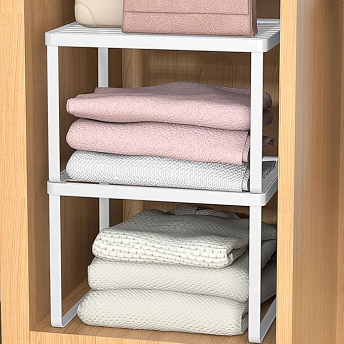 Kitchen Cabinet Storage Shelf Stackable Wire Spice Rack Organizer Heavy Duty Space Saver for Bathroom Bedroom Closet Laundry Room Office Countertop - White, Pack 1