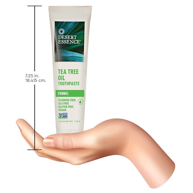 Desert Essence Tea Tree Oil & Fennel Toothpaste, 6.25 oz - Fluoride Free, Gluten Free, Vegan, Non-GMO - Oral Care with Baking Soda & Sea Salt for Healthy Teeth & Gums, Fresh Breath