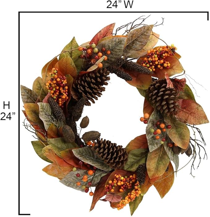 Admired By Nature 24 Inch Artificial Fall Magnolia Leaf Vine Berry Wreath Autumn Leaves For Wall Fornt Door Home Office Farmhouse Thanksgiving Harvest Cemetery Wreaths Indoor Outdoor, Orange-Pinecones
