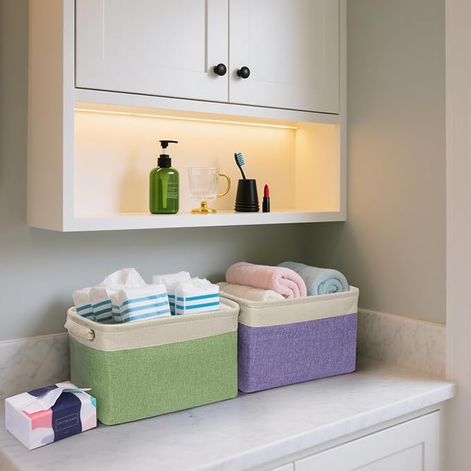 BALEINE 2 Pack Fabric Storage Bins for Shelves, Linen Storage Baskets for Organizing, Decorative Closet Bins for Clothes, Home (Black, 12"x8"x8")