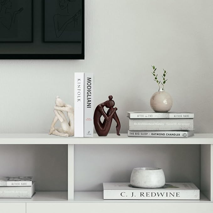 Decorative Bookends for Shelves, Unique Book Ends for Home Office Decor, Meditation Girl Statue Book Stopper for Bookshelf Decor, Modern Abstract Aesthetic Decoration White & Brown