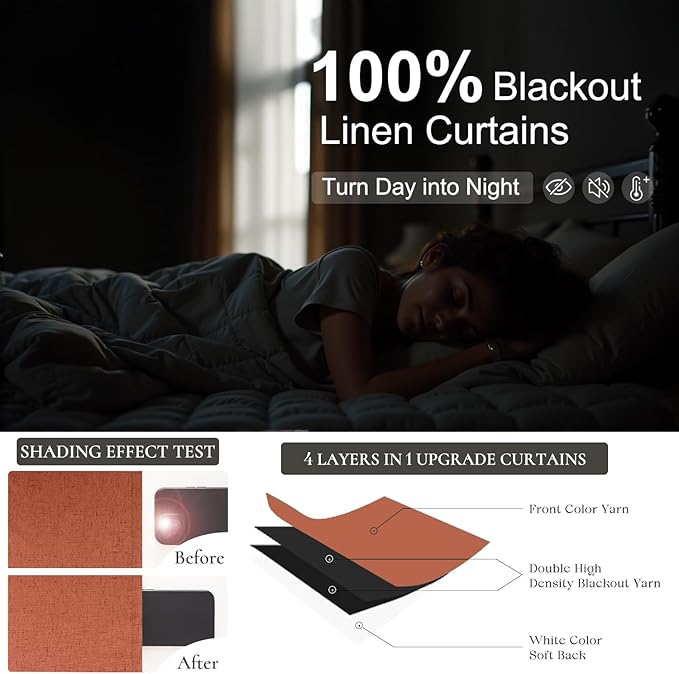 Terracotta Curtain 96 Inch Long for Living Room 2 Panel Back Tab Pleated Thick Linen Blackout Vintage Western Mid Century Thermal Black Out Window Drape for Bedroom Burnt Orange Rust Colored 96 Length