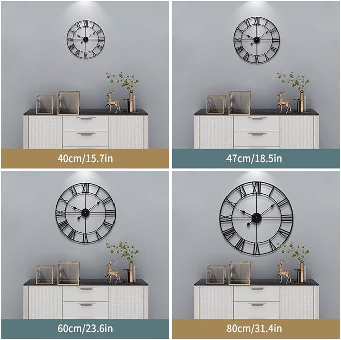 Large Modern Metal Wall Clocks Rustic Round Nearly Silent Little Ticking Battery Operated Roman Numerals Clock for Living Room/Bedroom/Kitchen Wall Decor-(Black, 47cm)