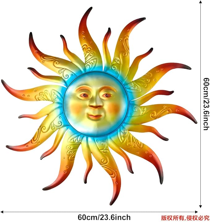 Large Metal Sun Wall Art Decor - 23.6 inches Outdoor Wall Decor,Sun Face Sculpture for Garden Farmhouse Yard Patio Fence Living Room Bedroom Gift Idea for Family Friends