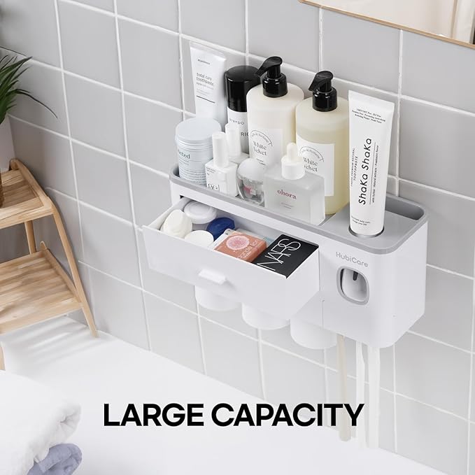 HubiCare Toothbrush Holder with Toothpaste Dispenser Wall Mounted for Bathroom, Automatic Toothpaste Squeezer, Bathroom Organization and Storage, 5 Toothbrush Slots (3 Cups)