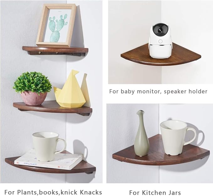 Corner Shelf, 7inch Solid Walnut Wood Floating Corner Shelf Wall Mount Round End Floating Speaker Rack with Wire Hole for Small Plant Photo Frame for Bedroom Kitchen, Living Room