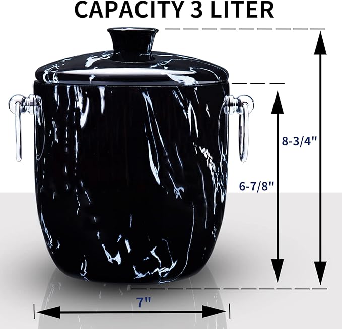 Ice Bucket with Lid, Scoop, Tongs and Strainer - Well Made Insulated Stainless Steel Keep Ice Frozen Longer - Ideal for Cocktail Bar, Parties, Chilling Wine, Champagne - 3 Liter (Black Marble)