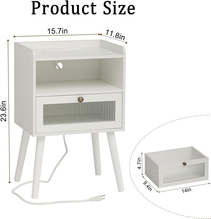 AWASEN White Nightstand with Charging Station, Modern Bedside Table with Glass Decorative Drawer, Small End Side Table with 2 Tiers Storage Space, for Bedroom, Office and Small Space(White)