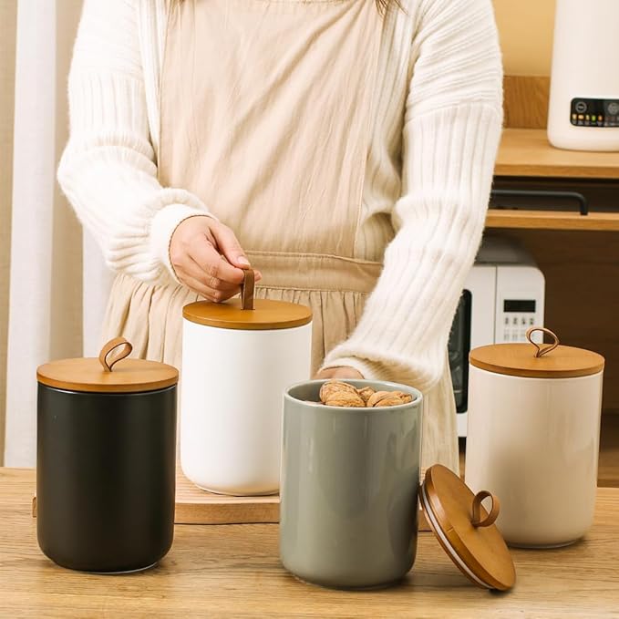 Large Ceramic Storage Jars, Modern Elegant Highly Polished Airtight Gorgeous Storage Canisters with Wooden Lid Food Storage Jar for Kitchen Spice Tea Vanilla Sugar Coffee Beans (Light grey)