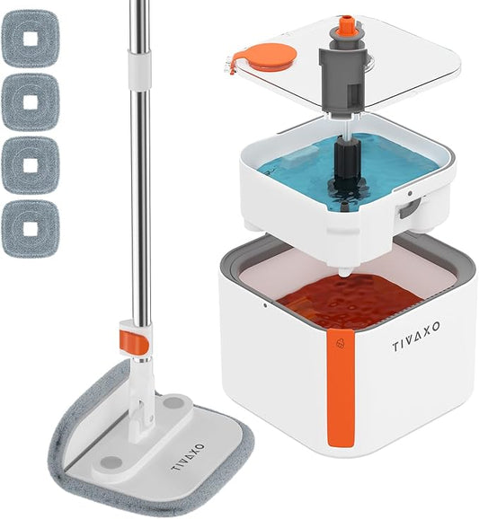 Mop and Bucket Set, Spin Mop with Self Seperates Dirty Water System, Square Mops for Floor Cleaning, 360 Rotating Foldable Standing Mop Head, Versatile Mops for Walls (Mop Bucket with 4 Pads)