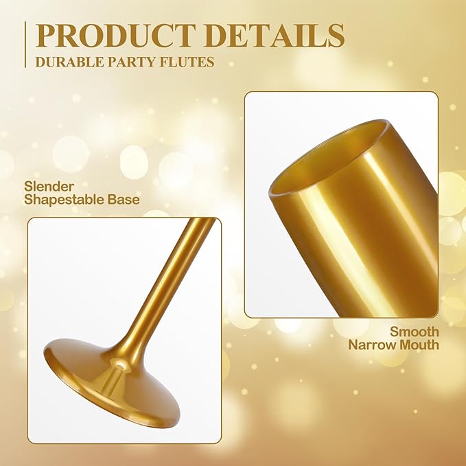 XUWAIDSGN Acrylic Champagne Flutes Toasting Glasses Unbreakable Mimosa Bar Reusable Wine Glasses Vintage Champagne Flutes Stemmed Drinking Cups 5.4 OZ for Christmas Birthday (100, Gold)