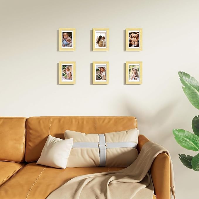 Vittanly 4x6 Picture Frames Set of 9, Shatter Resistant Plexiglass, Display 3.5x5 Pictures with Mat or 4x6 without Mat, Photo Frames for Wall or Tabletop, Engineered Wood, Gold