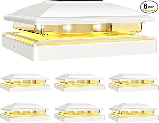 VOLISUN Solar Post Cap Light Outdoor Waterproof 6pack,Solar Fence - Post Lights for 4x4 5x5 6x6 Wooden/Vinyl Post,White Deck Post Cap Light Solar Powered with Warm White for Garden/Patio/Porch