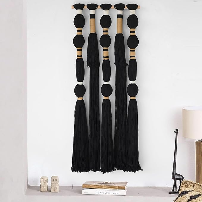 Macrame Wall Hanging Black Sphericity Cotton Tassels Textile Hanging Geometric Yarn Wall Art for Bedroom Living Room Decor 15.7" W x 39" L
