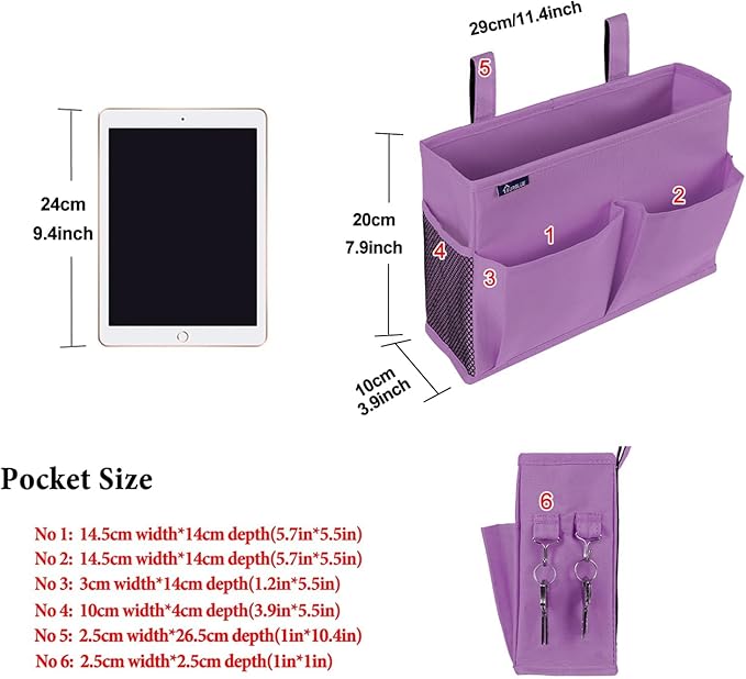 Surblue Caddy Hanging Organizer Bedside Storage Bag for Bunk and Hospital Beds, Purple, Small
