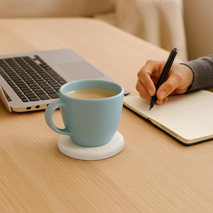 White Marble Coasters with Bling Particles, Set of 6 - Natural Marble Stone Drink Coaster with Protective Silicone Feet, 4 inch Diameter, 0.4 inch Thick - Heat-Resistant Coasters for Coffee Table