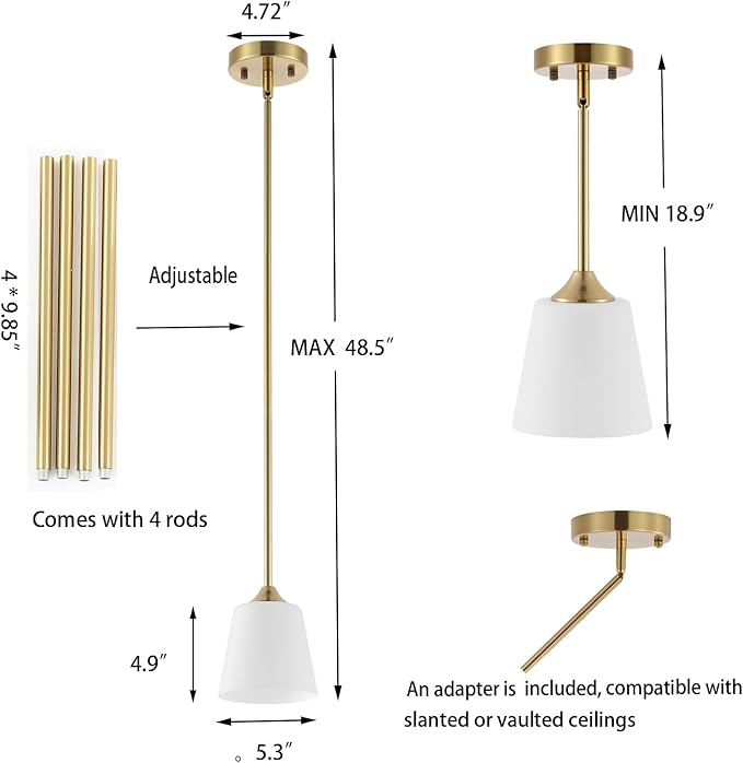 Modern Gold Pendant Light 3 Pack Brushed Brass Mid Century Chandelier White Cylinder Glass Shades Adjustable Rods Farmhouse Ceiling Hanging Lighting Fixture Kitchen Island Dining Room Bedroom