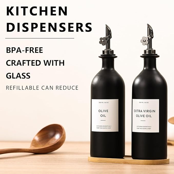 HOMCDALY Olive Oil Dispenser for Kitchen, 16oz Glass Oil Bottles with Bamboo Tray, Black Oil&Vinegar Cruet Set, Kitchen Dispenser Bottles with Pourer | Set of 2 (16oz – Black)