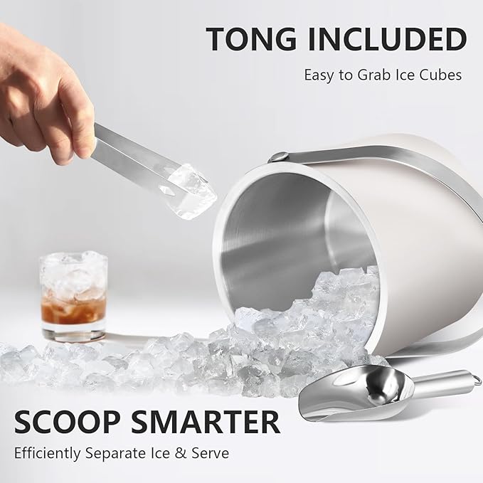 Insulated Ice Bucket with Silicone Lid, Scoop, Tongs & Strainer, 3L Stainless Steel Double Wall Ice Buckets for Parties & Cocktail Bar, Champagne Ice Bucket with Lid for Freezer, Ivory