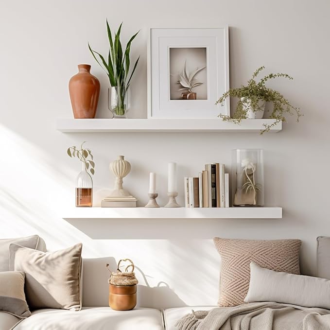 LaVie Home Floating Shelves, 24 Inch Wall Shelf Set of 2, Hanging Shelf with Invisible Brackets, Wall Decor for Bathroom, Bedroom, Living Room, Kitchen Storage, Modern White