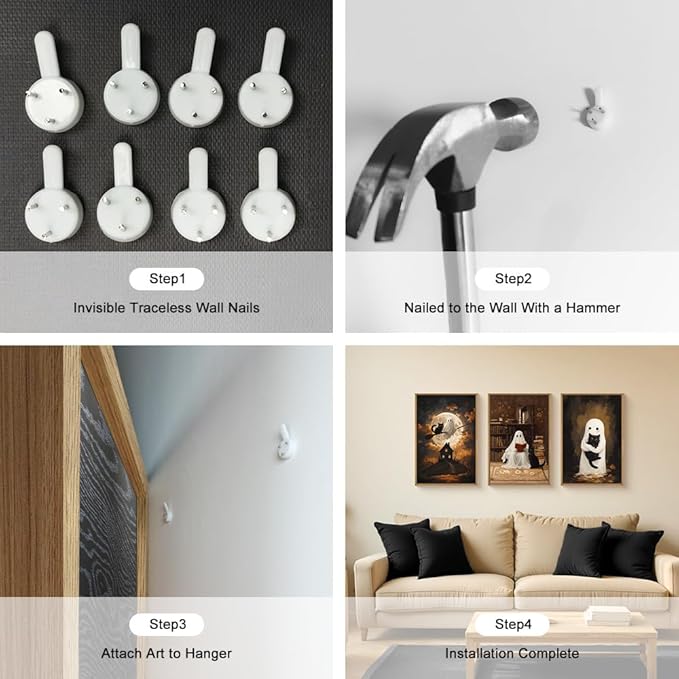 HPNIUB Halloween Ghost Framed Canvas Wall Art Set, Funny Black Cat Poster Artwork, Vintage Spooky Wall Decor, Dark Academia Moon Pictures for Bedroom Living Room Bathroom-16 x24 x3