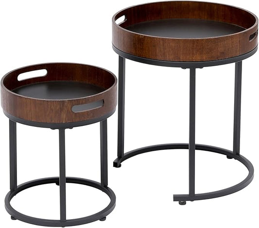 Nesting Coffee Table Set of 2, Small Round Stacking Side Table Set with Metal Frame, Nesting Tables for Living Room Bedroom Office Balcony (Wood, 2)